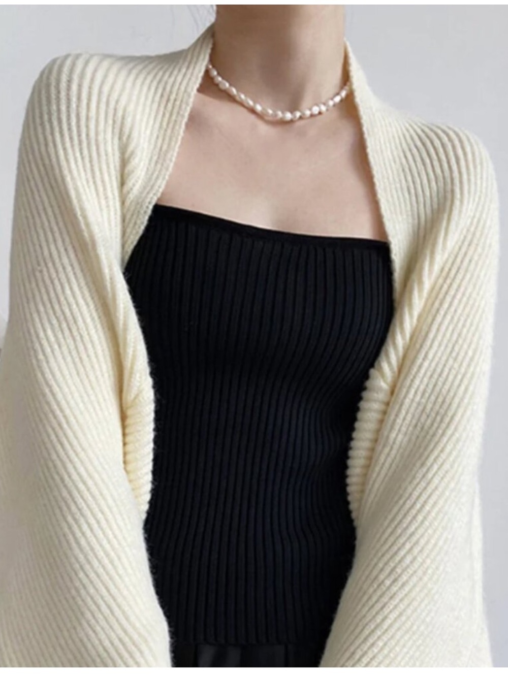 Commense Cream Open-Front Ribbed Shrug